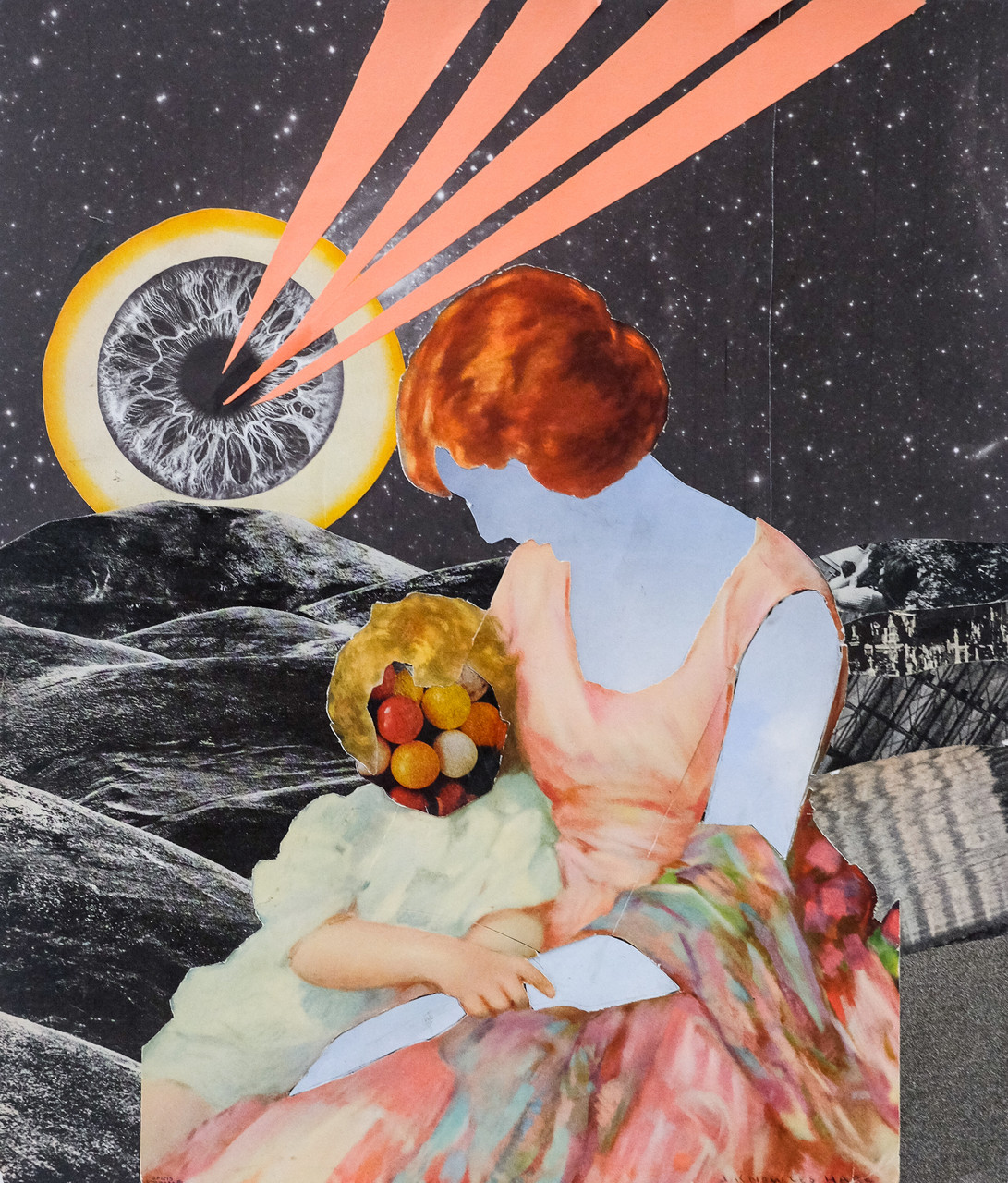 A collage of two women. The daughter's face is made of fruit. An eyeball as large as the sun shoots lasers behind them.
