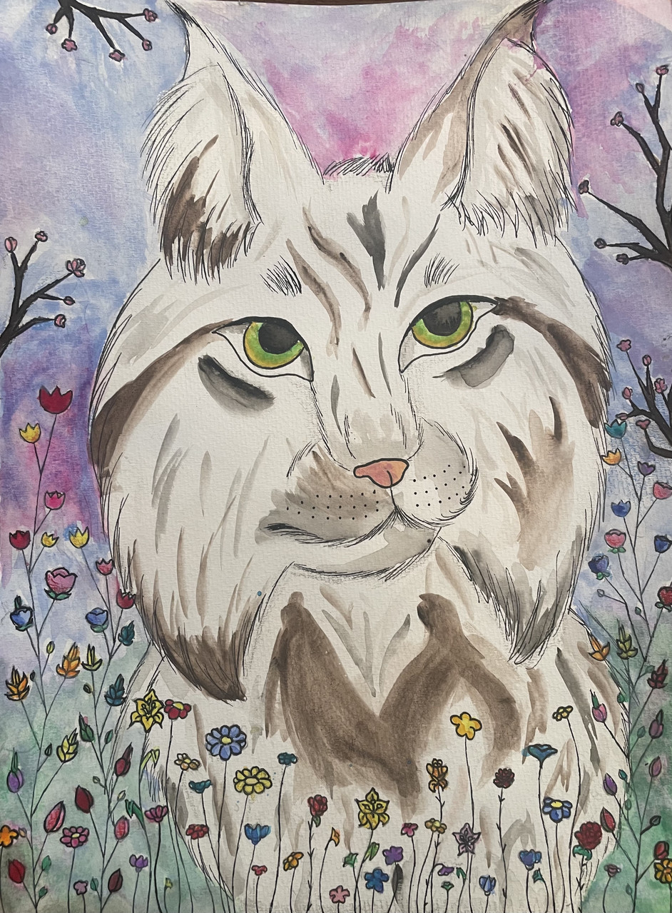 Painting of a brown and white lynx with green eyes in front of a purple and blue background. Small flowers come up on stems from the bottom of the page.