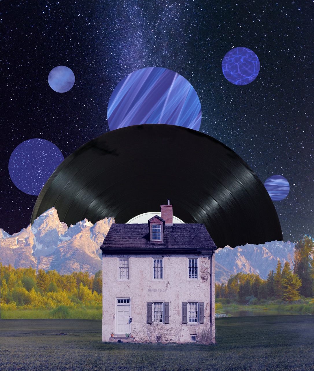 A collage of a house in front of mountains.
