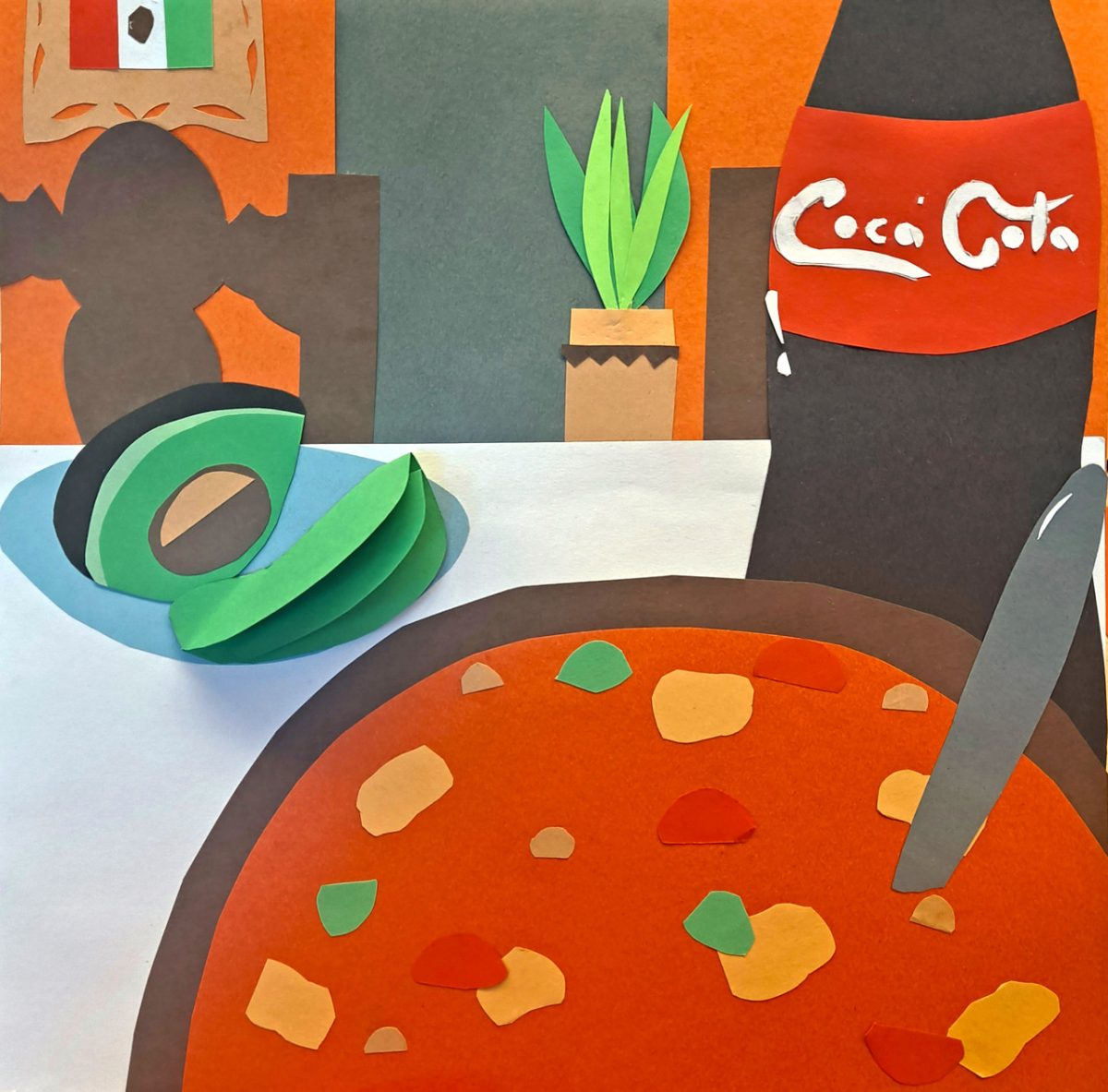 A bowl of pozole with an avocado and coca cola.