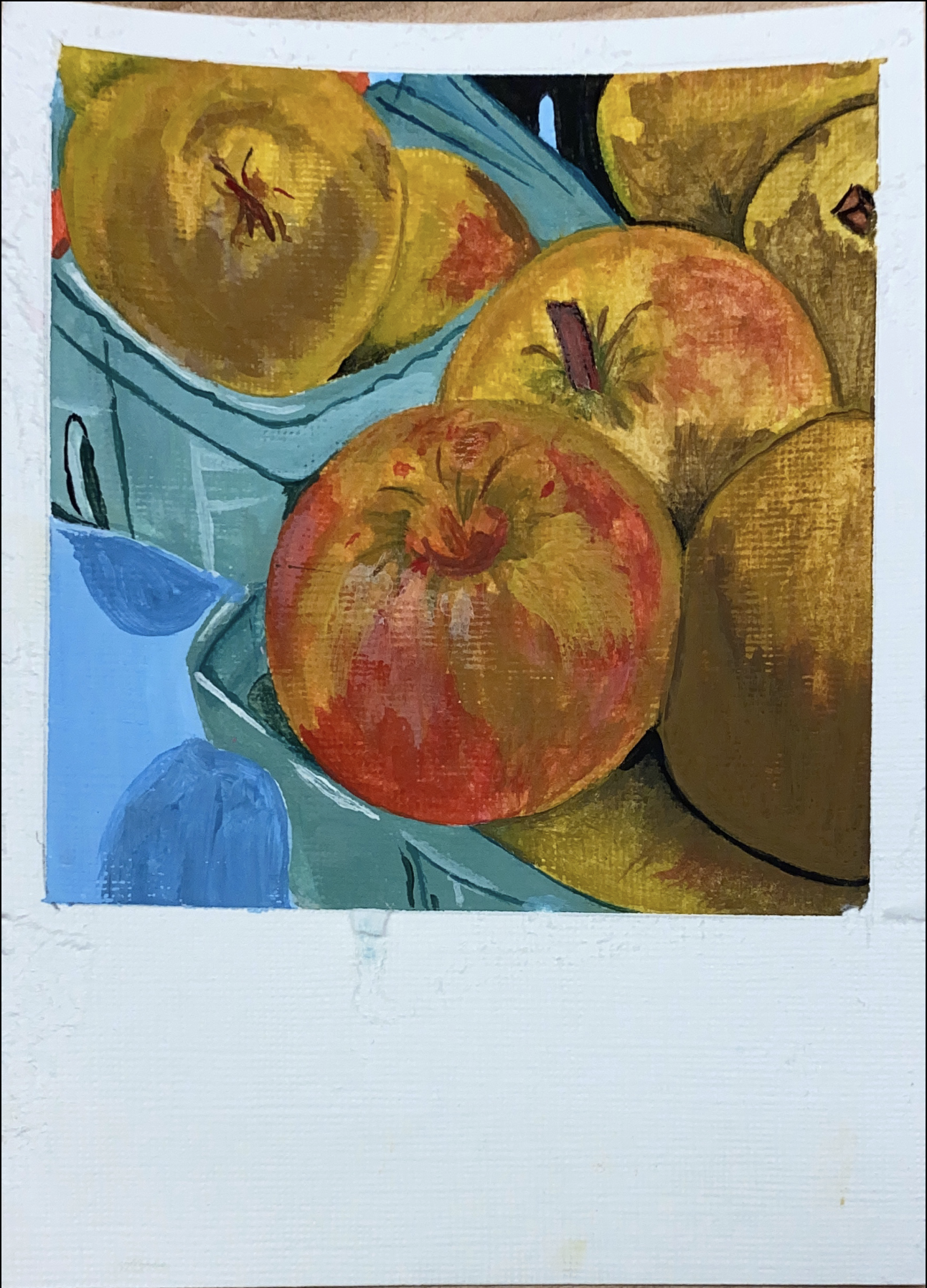 A polaroid of a painting of apples.