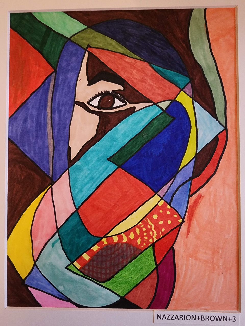 Abstract marker drawing. Page is split into geometric sections which are each colored in vibrant hues.