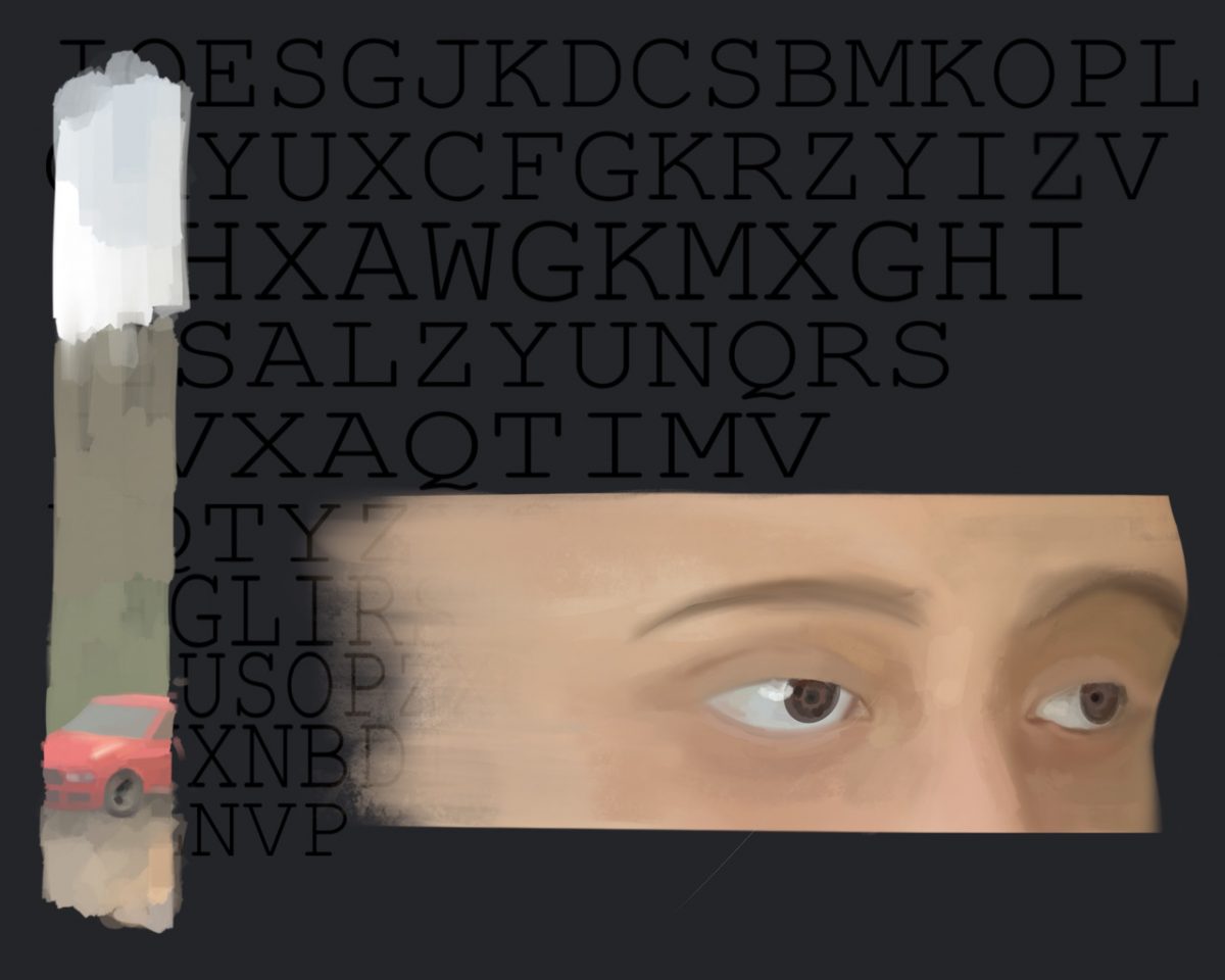 A digital art piece of someone's eyes. Behind the eyes are black letters on a dark grey background.