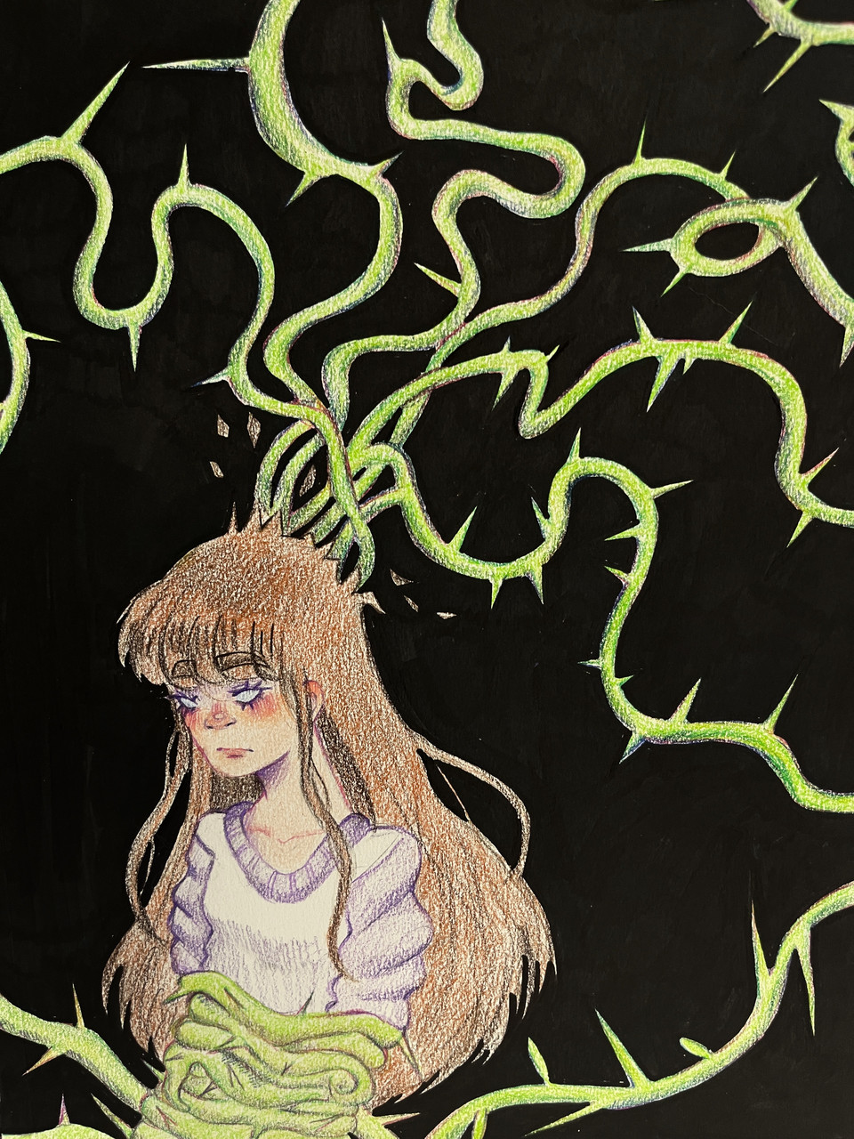 Painting of a girl wrapped up in thorny vibes