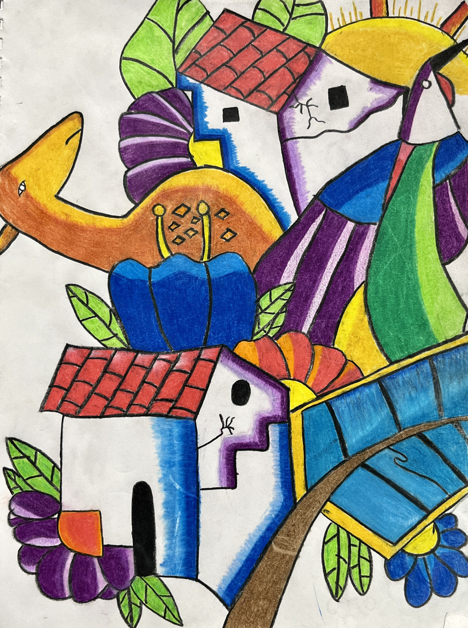 colorful abstract drawing of houses, greenery, sunshine, flowers, and dear