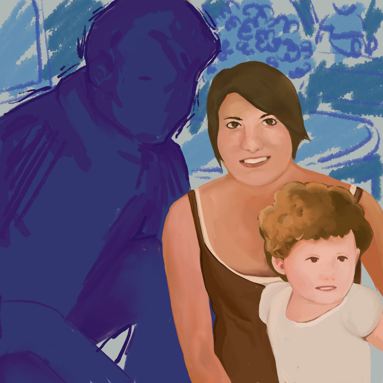 Family of three with a blue silhouette of a father with a blue background colored in to mimic a child's drawing