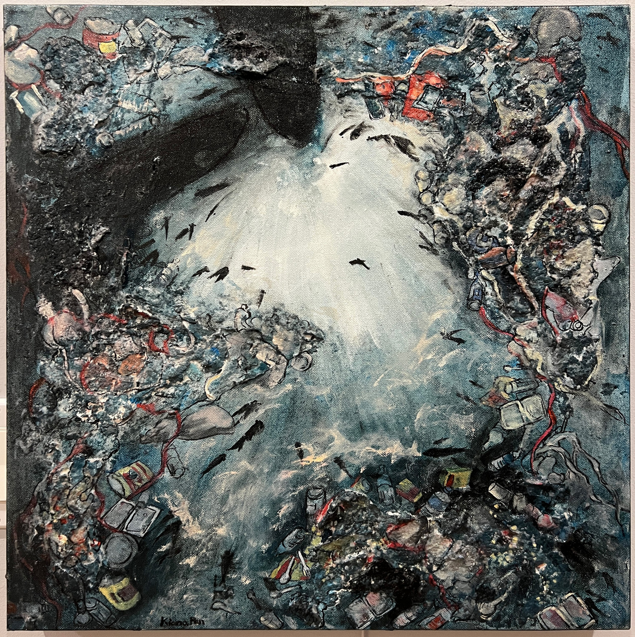 Moody depiction of trash flooding our waters