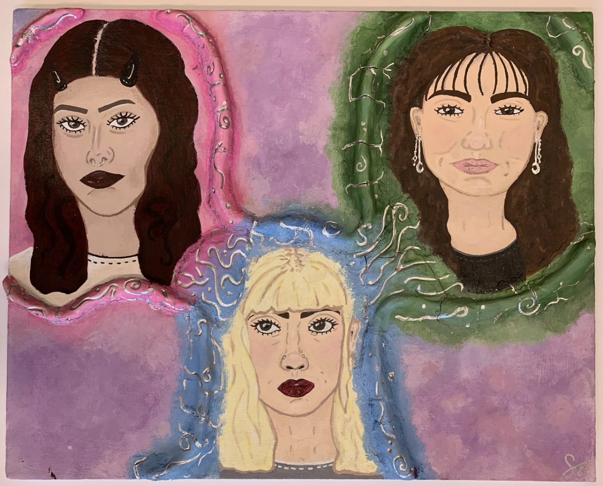 painting of 3 women connected by 3 different colors with a pink background.