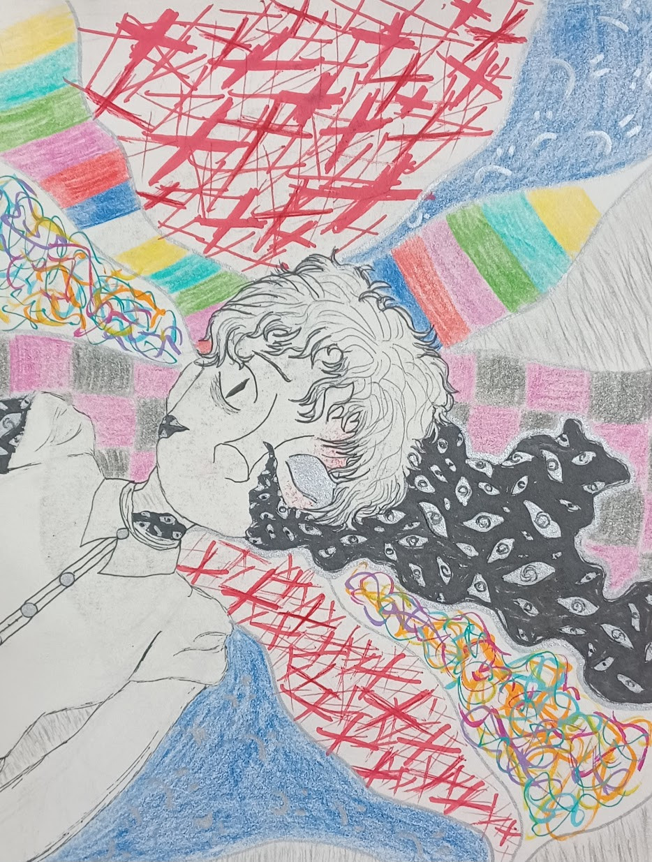 colorful drawing of a person and rays of patterns and colors coming out for their head
