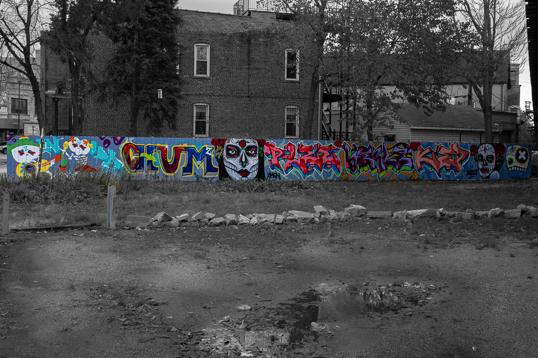 Black and white photograph of a plot of land, with a wall of graffiti in color.