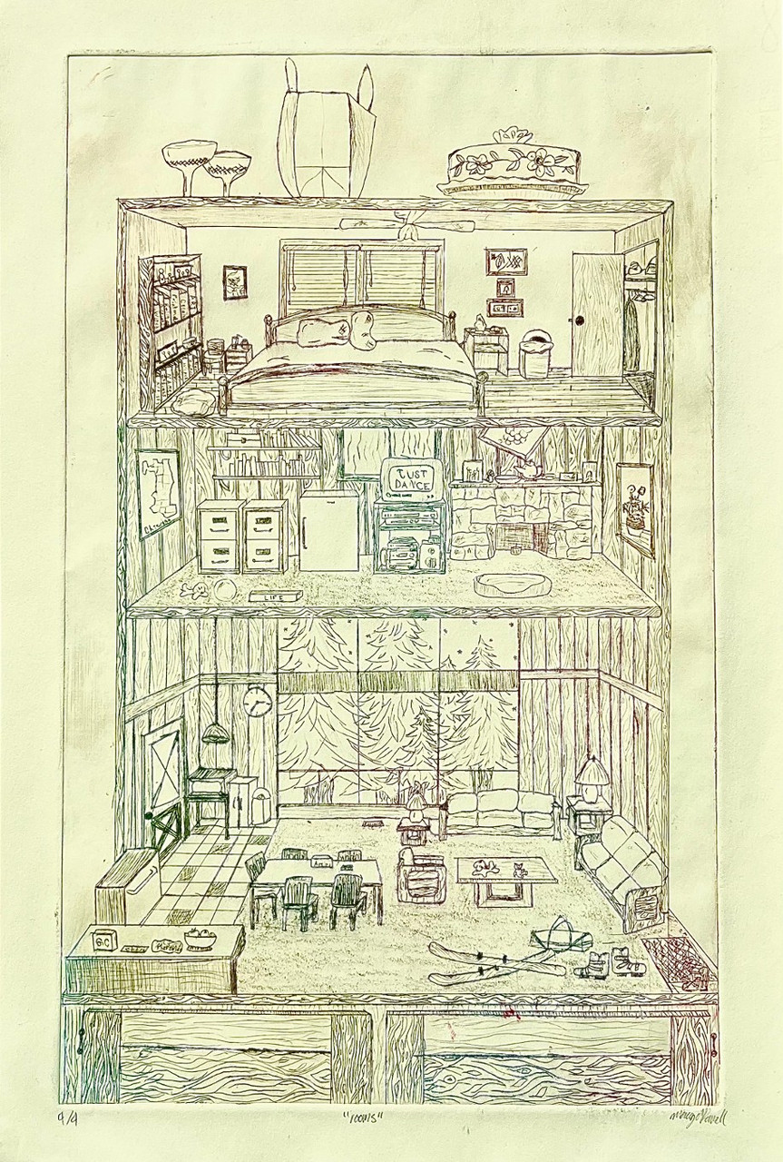 Cabinet with representations of different rooms inside