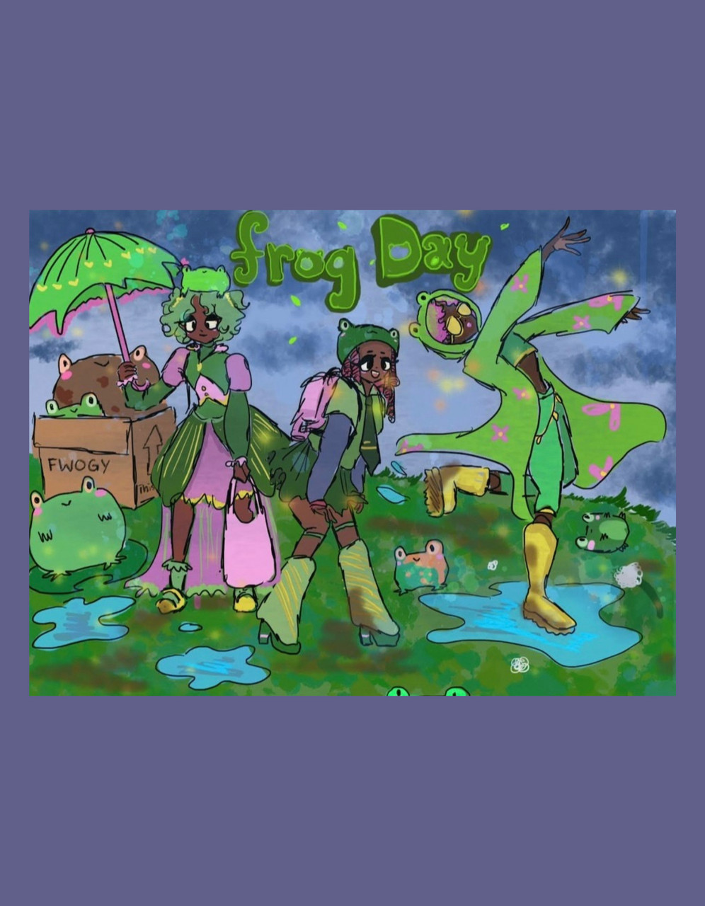 Digital painting of 3 figures in a rainy day scene with the text "frog day"