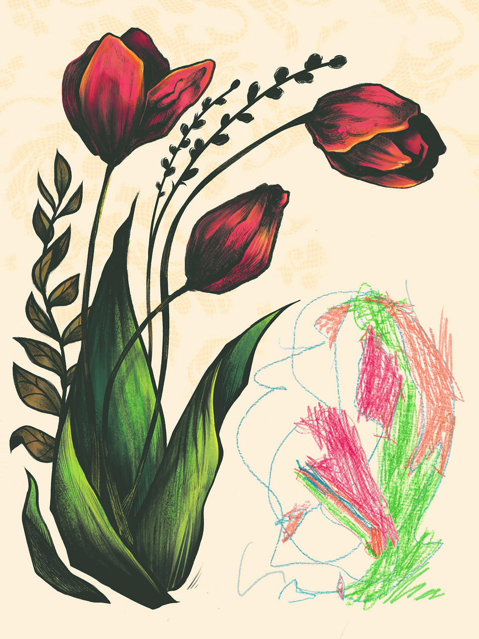 Large magenta tulips overhanging a small crayon-doodle image of the same flower
