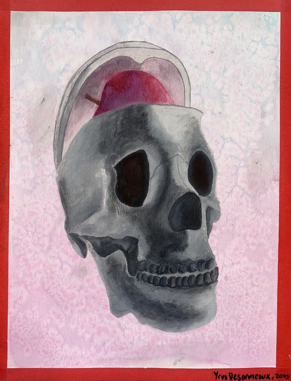 Skull with an apple peering out from the scalp set on a gradient pink background with a red border