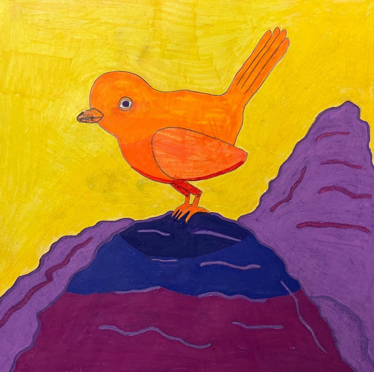 Painting of an orange bird atop a mountain of blues and purples, and a yellow background.
