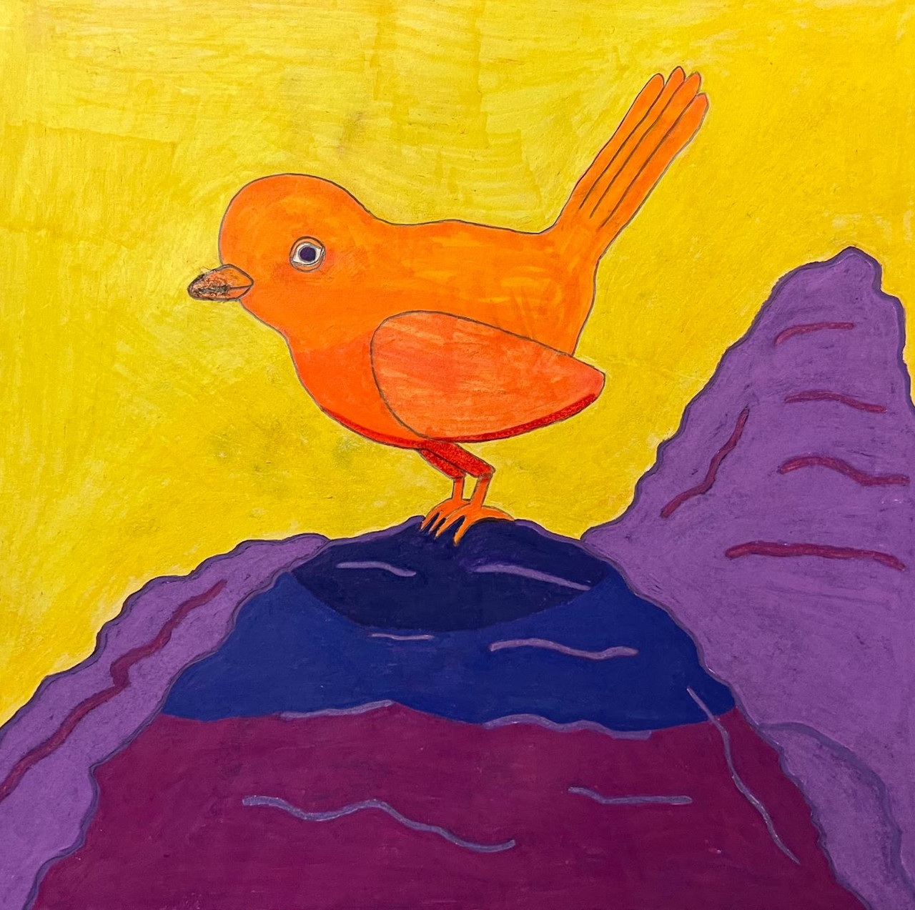 Painting of an orange bird atop a mountain of blues and purples, and a yellow background.