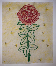 An embroidered bloomed rose with a yellow background.