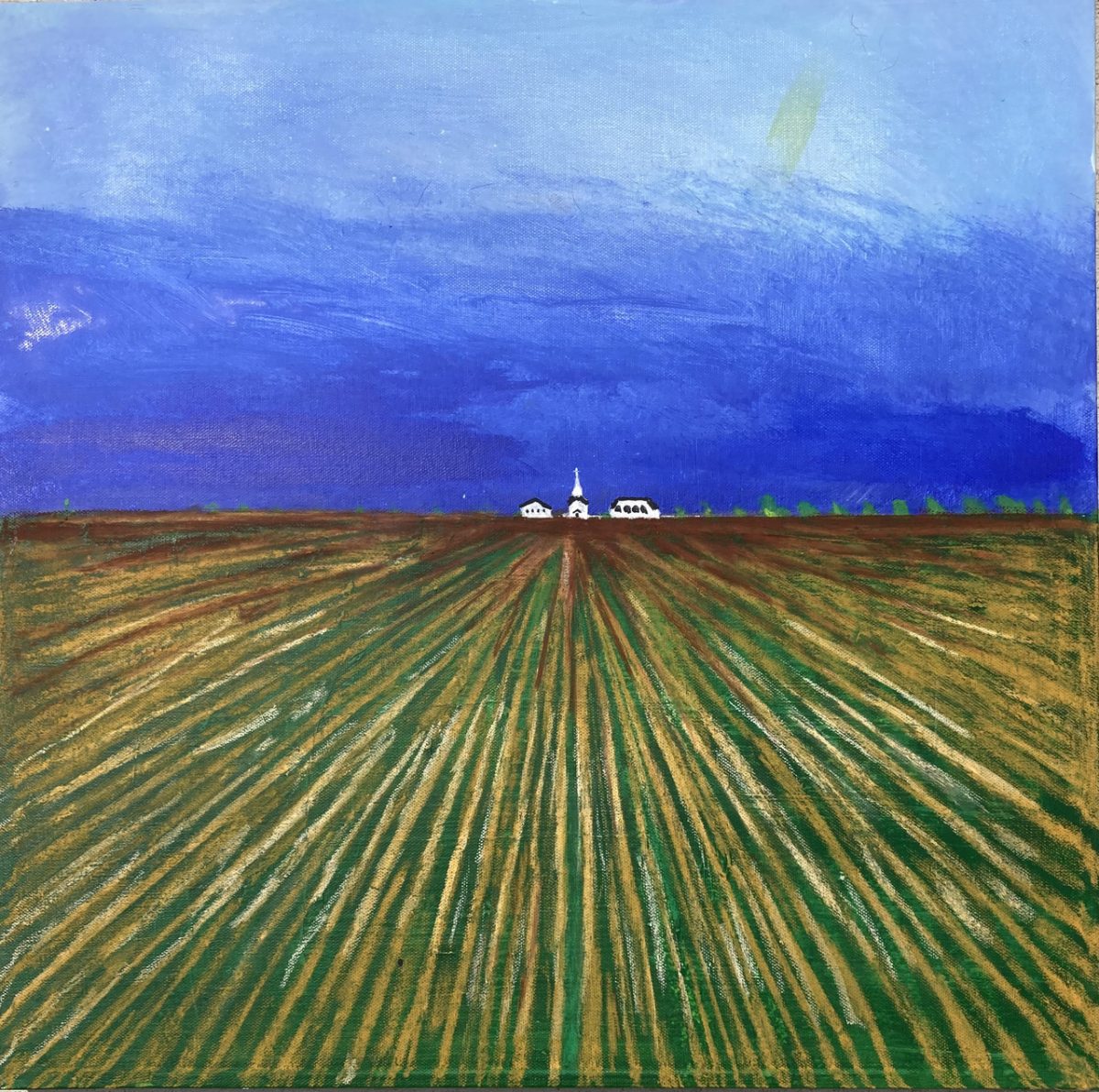 painting of a cornfield, a small white church far off on the horizon. a deep blue sky.