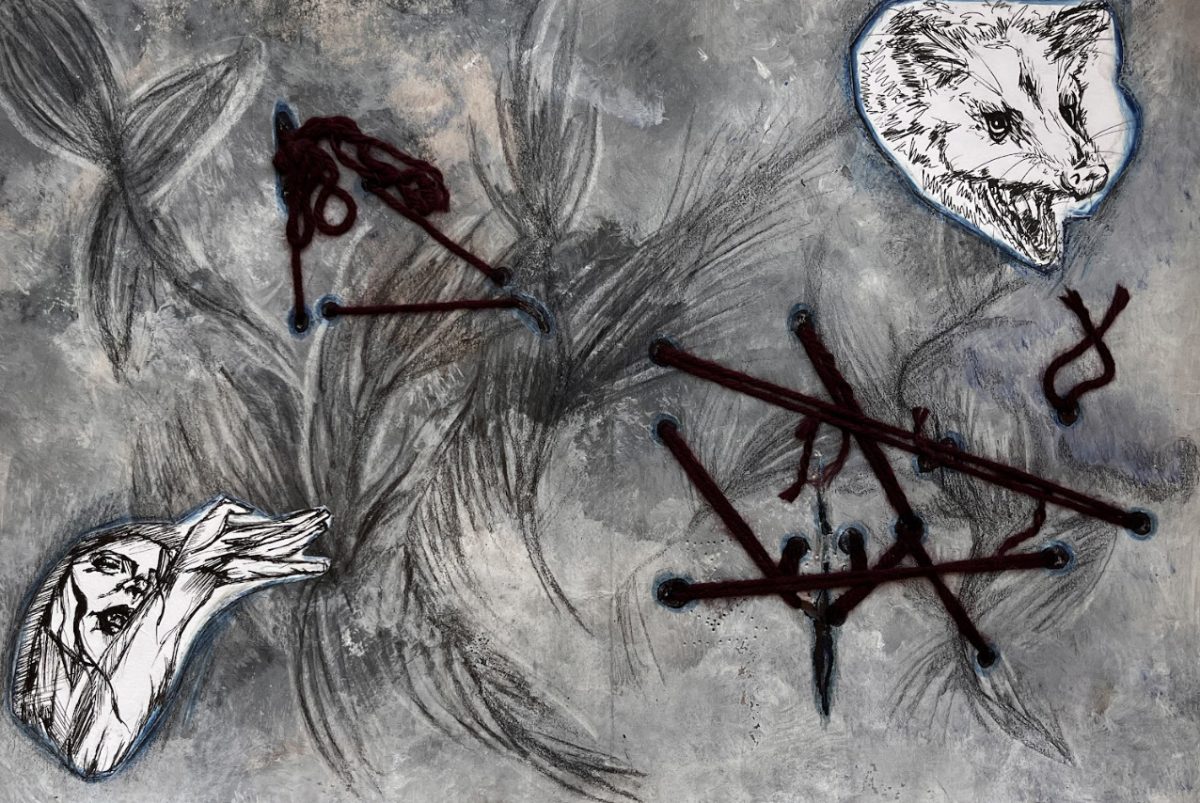 black and white drawing and collage with string, possum, and a person miming with their hand.