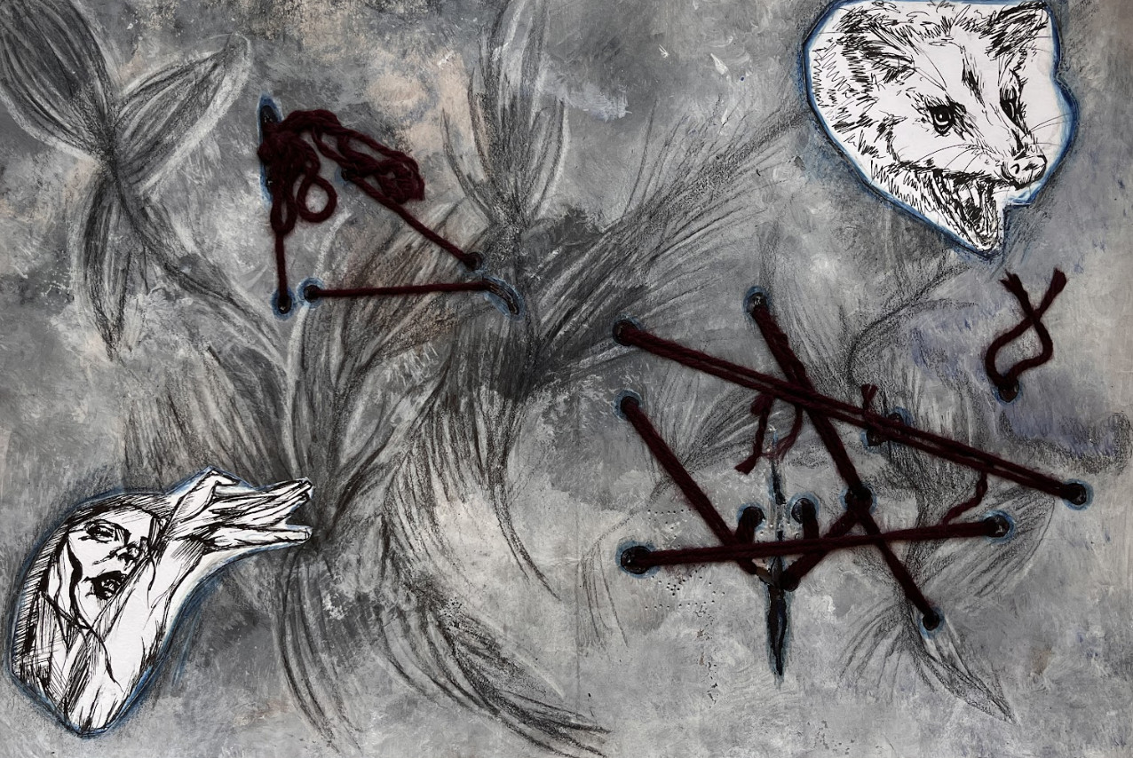 black and white drawing and collage with string, possum, and a person miming with their hand.