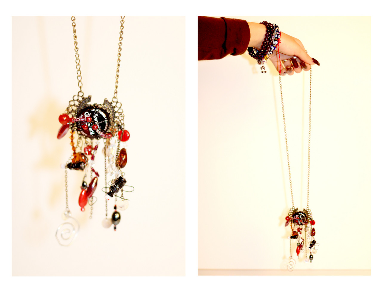 A necklace created by adding red and black elements to a bottle cap.