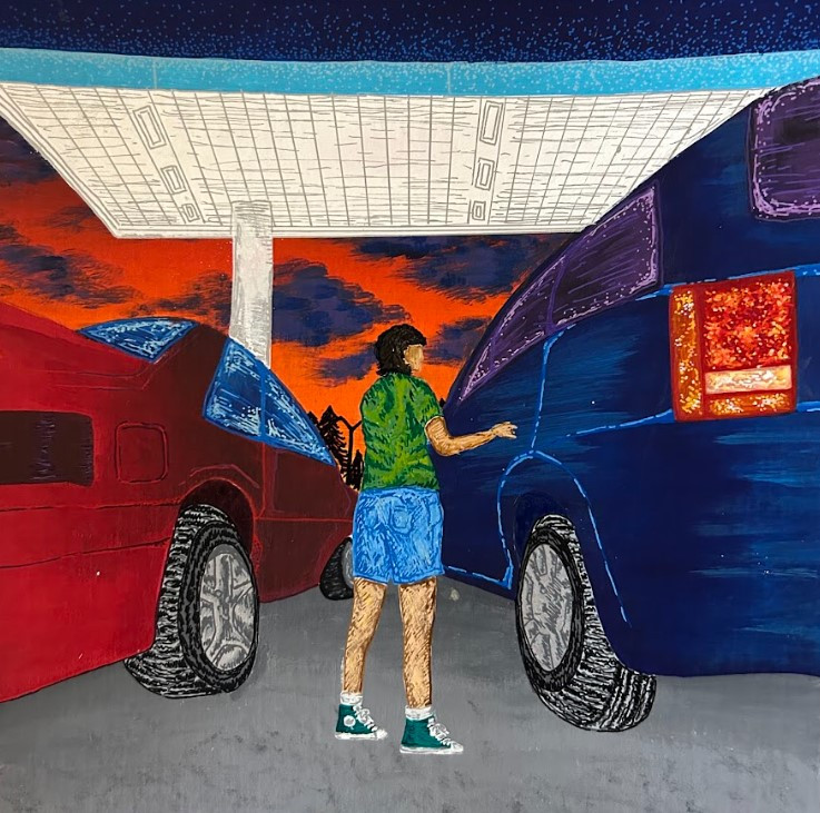 painting of a person at a gas station, low vantage point. two cars, one red one blue.