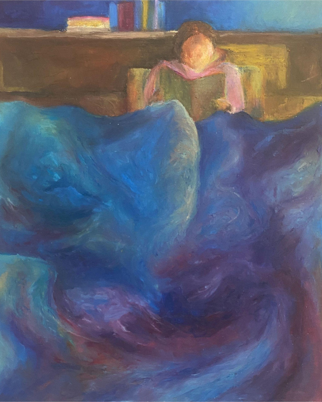 drawing of a person reading in bed by nightstand lamp, with a large blue blanket.