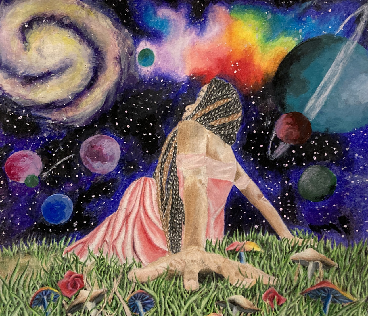 A colorful piece with a girl in a pink dress looking up at a planet and star filled sky.