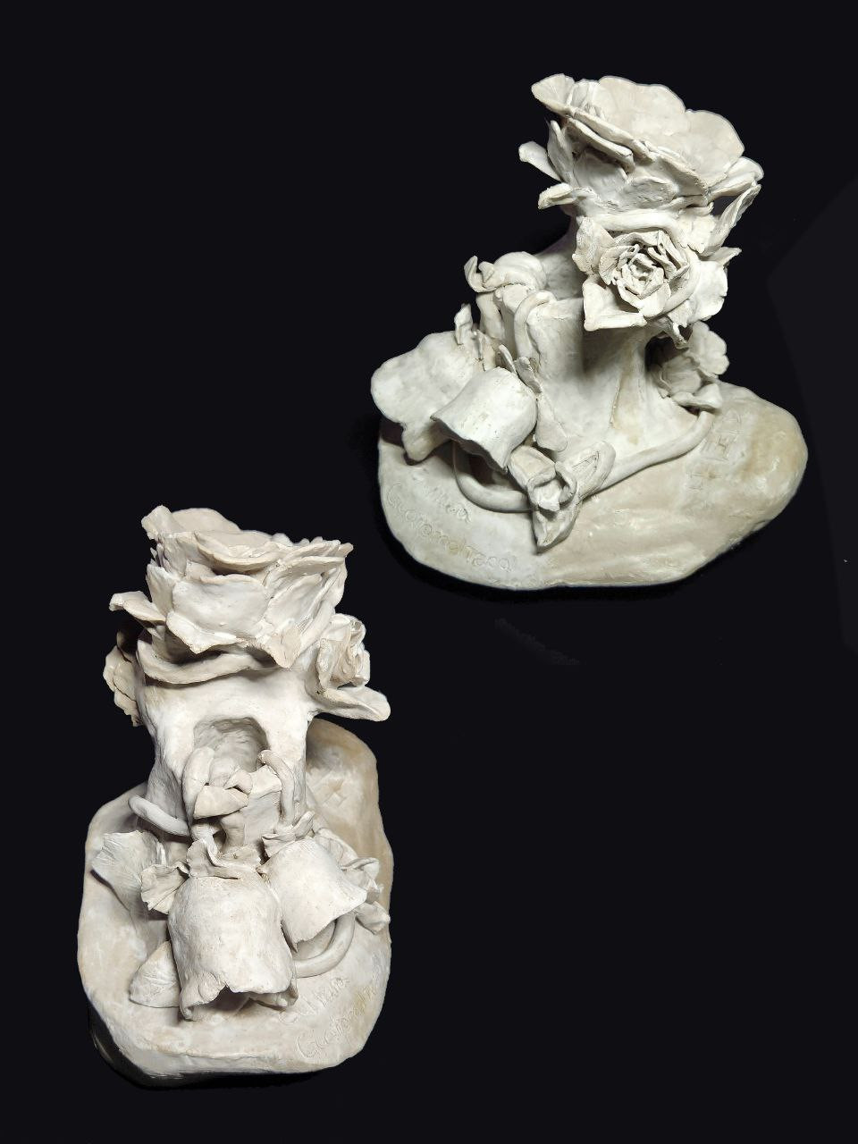 Vase half filled with blooming radiant flowers, and the other half with wilted ones.