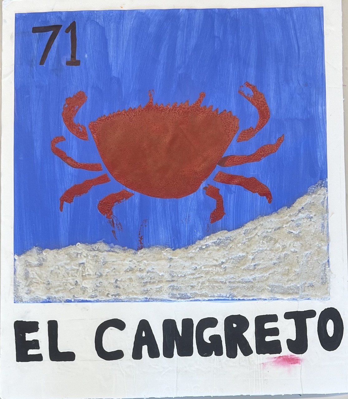 Painting of a red crab with a sandy bottom and blue water. There's text reading "el cangrejo"