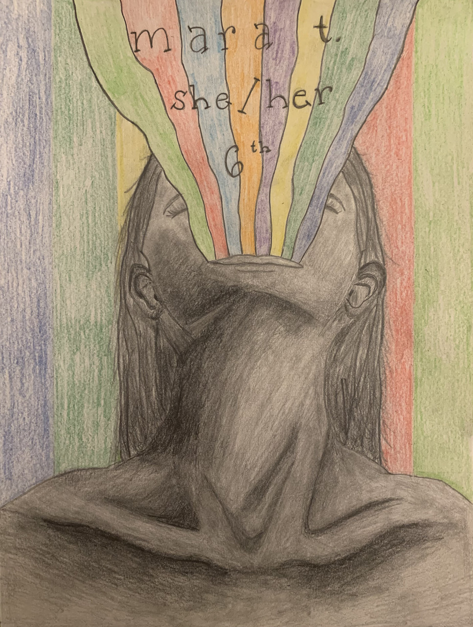 A hand drawn image of a girls shoulders and face, a rainbow beaming out of her mouth with the words "mara t. she/her 6th"