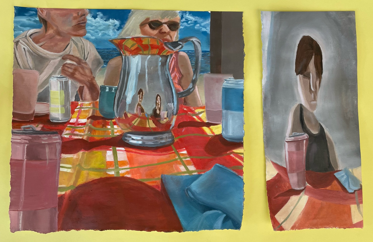 painting of reflective vessel on dinner table with two people in the background, and ocean view. another piece adjacent to it showing a crop of the reflection on the vessel.