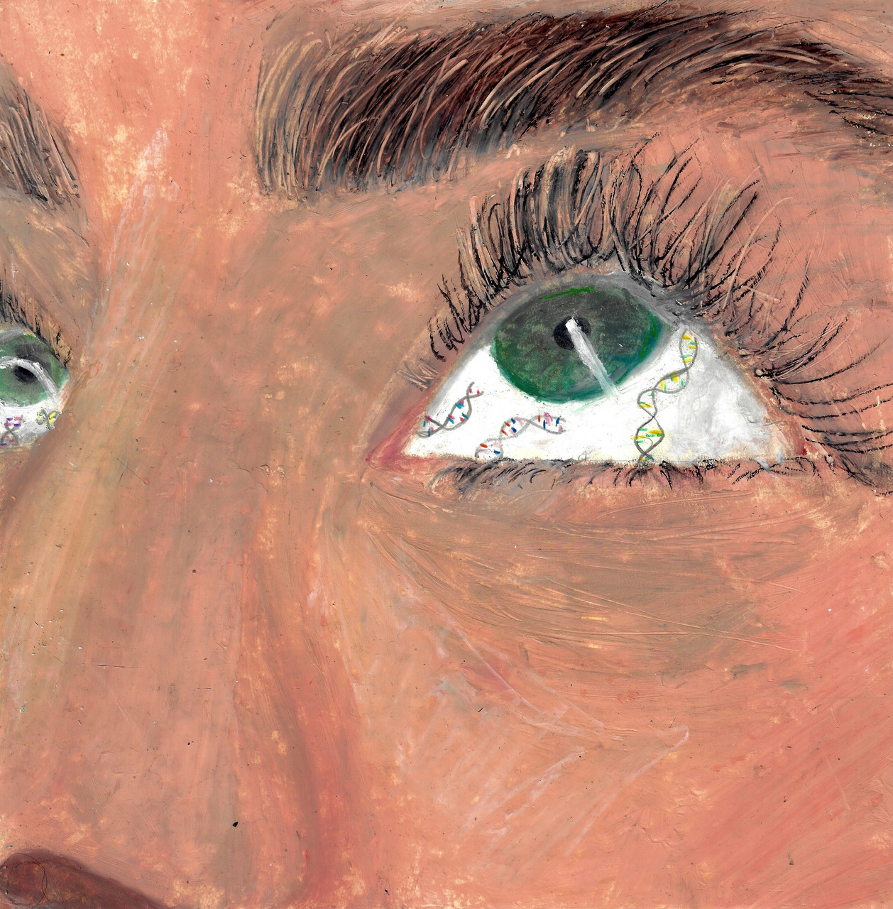 Close-up of a face looking up with DNA double helixes as veins in the eyes