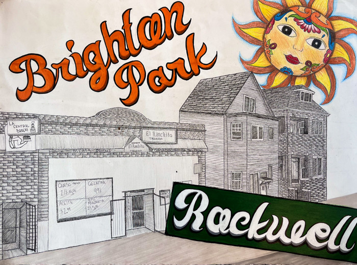 Grey monotone building with bright yellow sun and graffiti style text that says "Brighton Park" and "Rockwell"