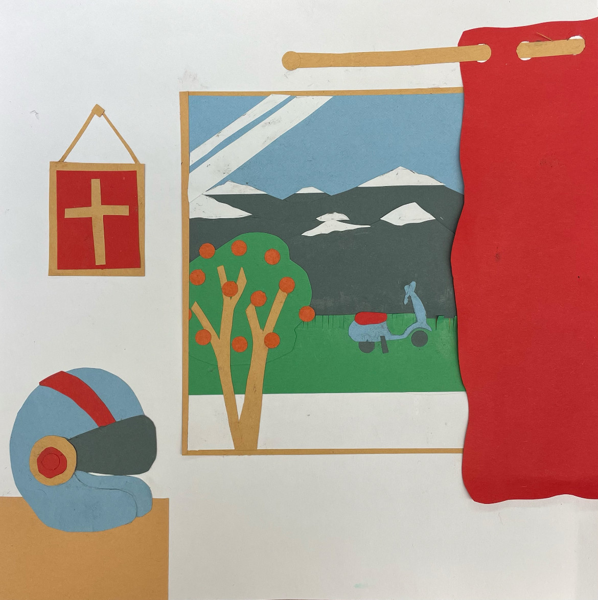 Collage of a window view of a vespa outside, with indoor elements of a helmet on a table.