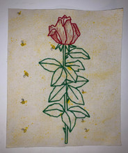 An embroidered rose in the blooming stage with a light yellow background.
