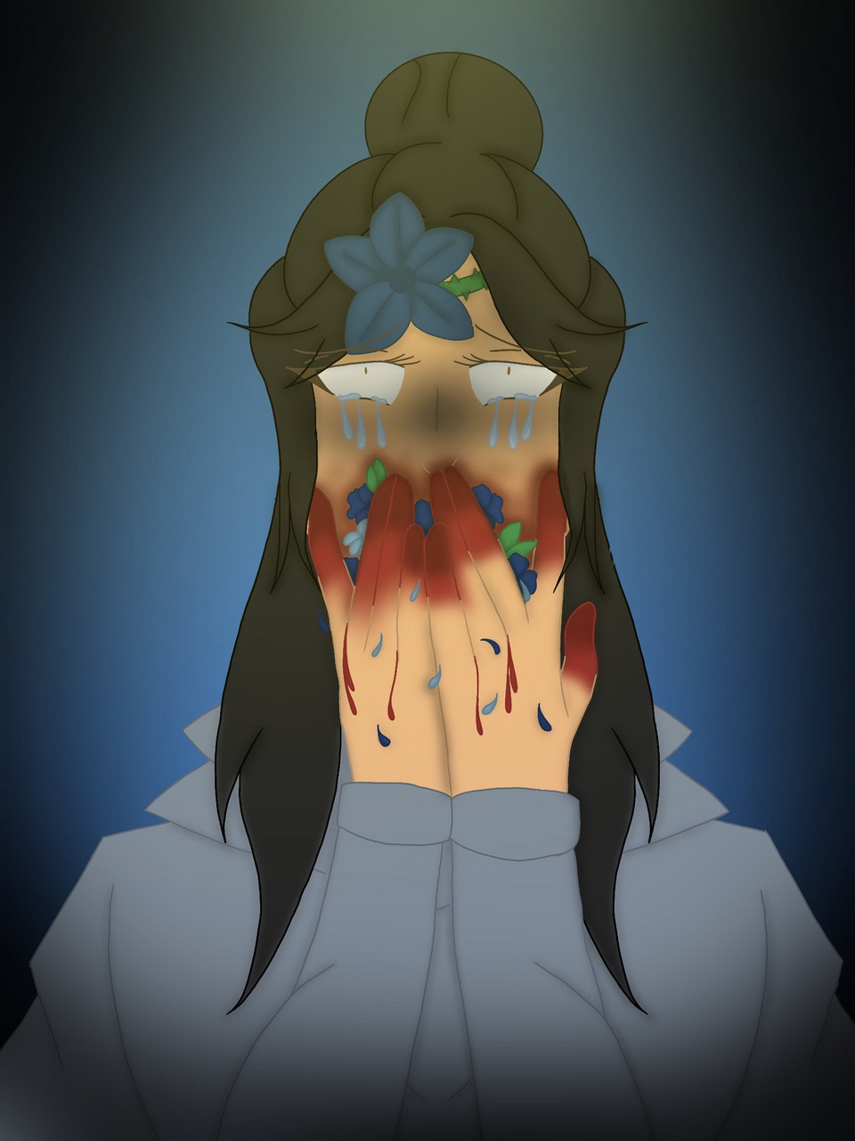 Digital painting of a face cry9ing flowers, hands draped over the mouth.
