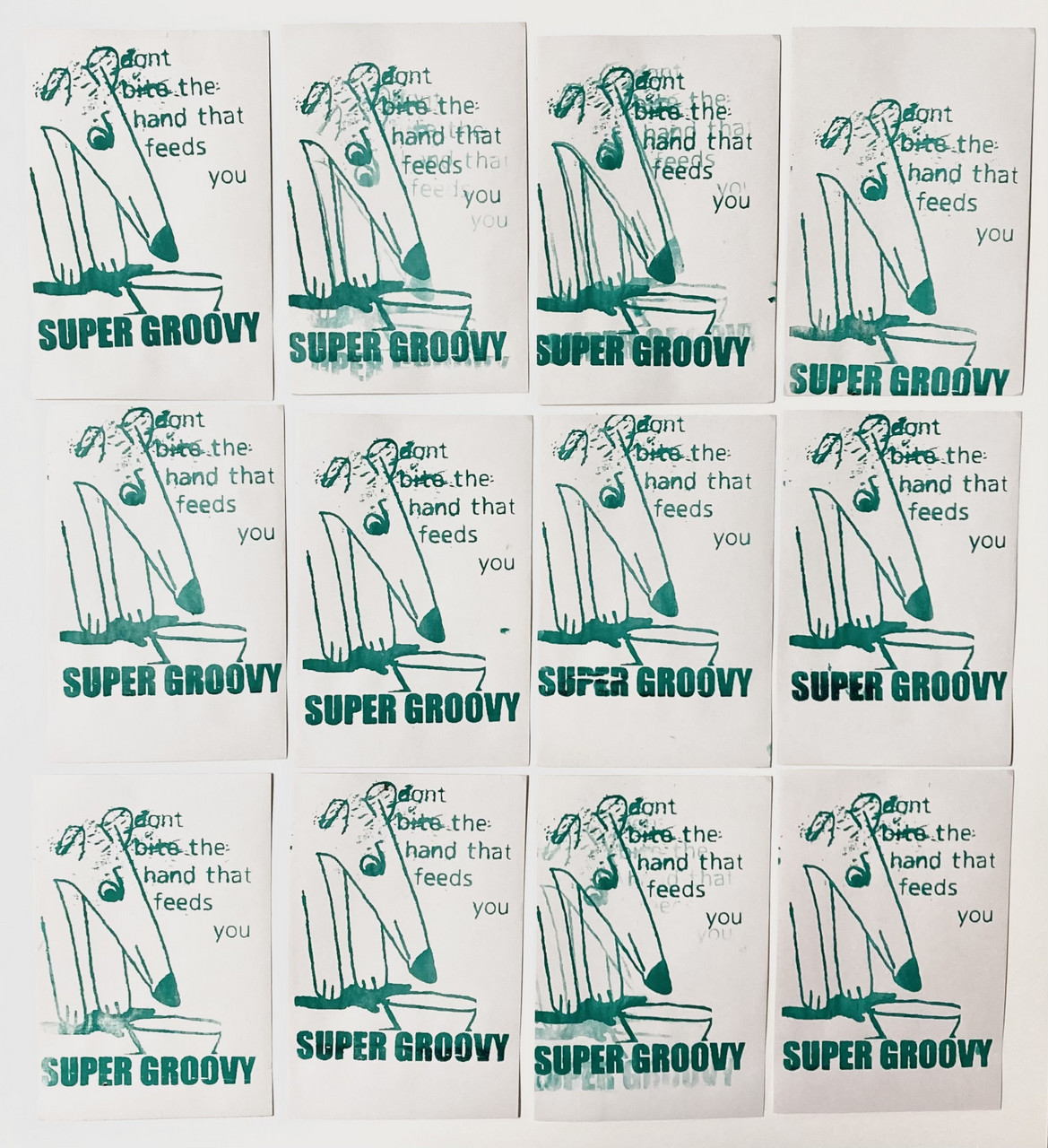 Angry dog look down at bowl outlined in green with the words "Super Groovy" plastered in front