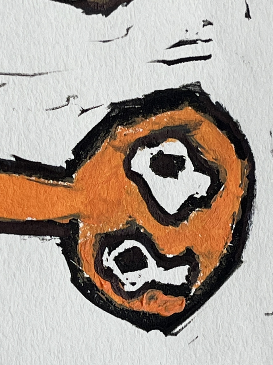 A printmaking triptych depicting eggs in a pan.