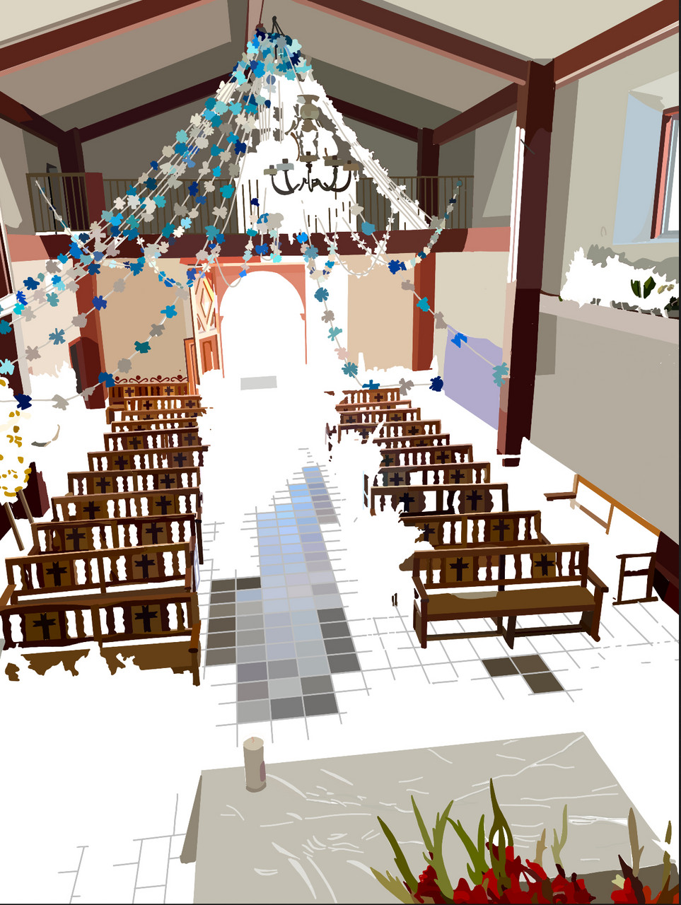 A digital depiction of a church with some elements being "incomplete" by being rendered in white.