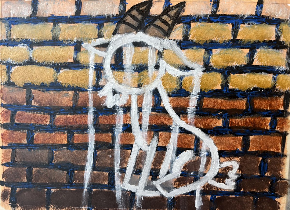 painting of a brick wall with white graffiti of a goat on it