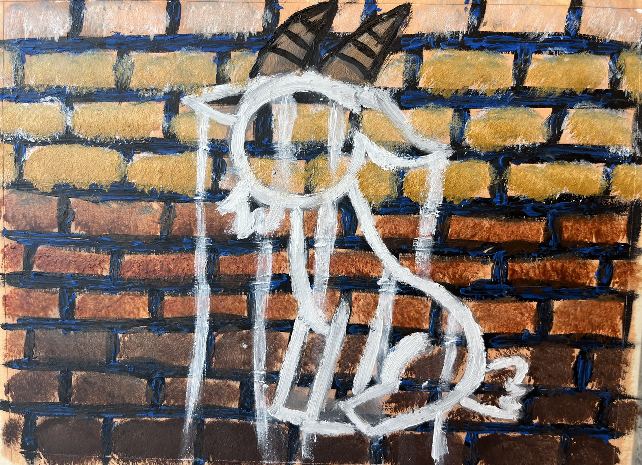 painting of a brick wall with white graffiti of a goat on it