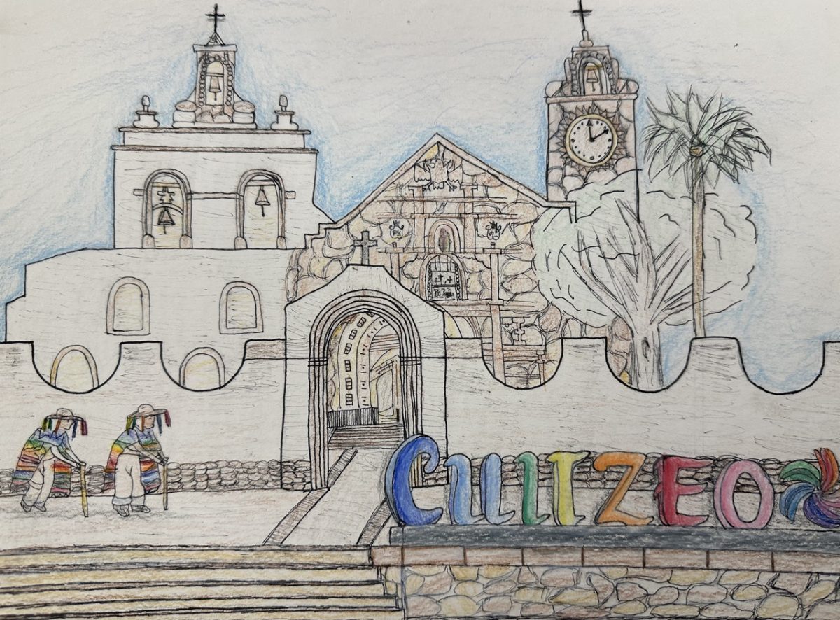 A pen and color pencil illustration of a building, with people walking outside and the colorful word "Cuitzeo".