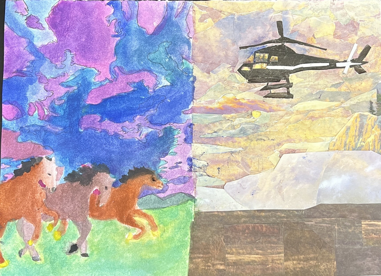 One side is with horse galloping across a field with dark blue sky and purple clouds. Other half is a drab sky with a helicopter overhead a barren field.