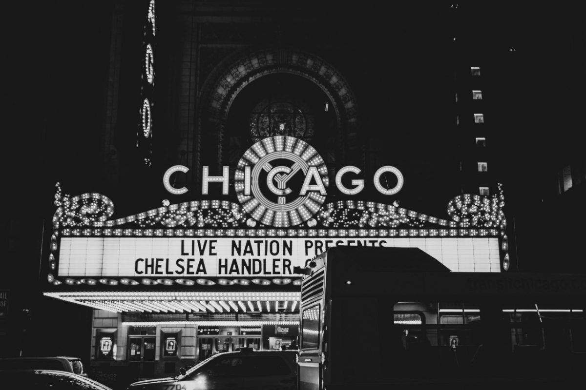 Black and white photograph of the Chicago Theater Marquee