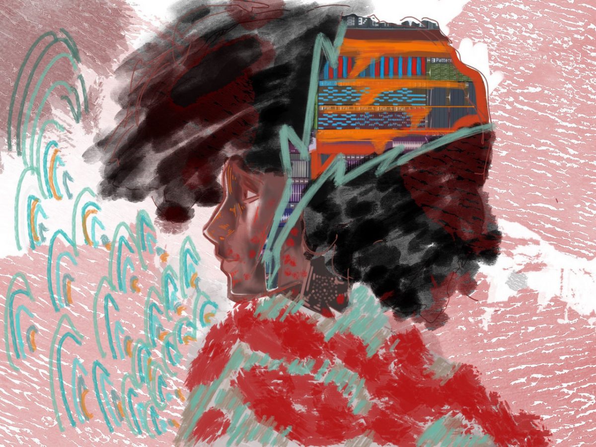 A digital illustration of a person with audio editing imagery within their head against an abstract pink background.