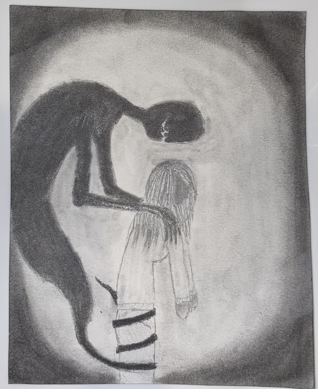 drawing of dark ghostly shadow spirit wrapped around a person, lurking over her.