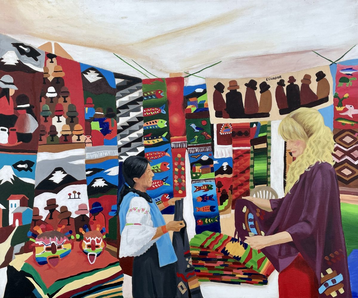 Painting of Otavalo Market in Ecuador. Inside a vendor tent, the seller is laughing while a prospecting buying holds one of the many textiles hanging behind them.