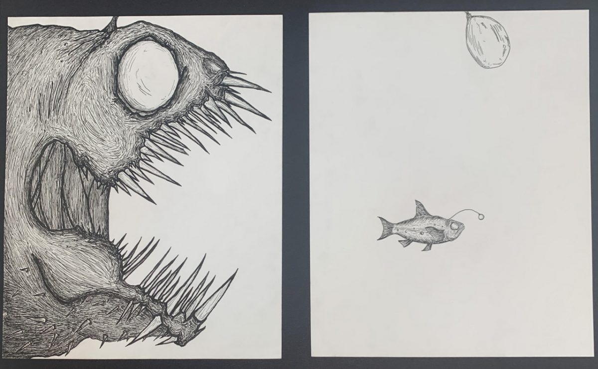 Large deep ocean creature approaching a small fish in front of a stark white background.