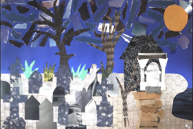 A collage of a landscape view of a cemetery at night.